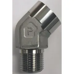Steel hydraulic hose adapter with 3/4 in NPTF female and 3/4 in NPTF male connections, configured as a rigid 45° elbow. Used to connect hydraulic components with NPTF threads, allowing directional changes in hose routing for fluid power systems.