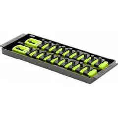 Socket bit tray with 18 posts/slots for organizing sockets. Yellow finish. Overall width 3 5/8 in. Includes 192 I.D. stickers for labeling. Used in tool storage for workshops, garages, and maintenance areas.