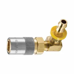 This brass hydraulic hose fitting is a 90° female elbow with a Hose Barb x Push-Lok connection. Designed for -8 dash size hoses with 1/2 in inside diameter, it provides a secure interface for fluid power systems. Suitable for applications requiring leak-resistant connections in hydraulic circuits.