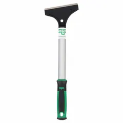 Razor scraper with a carbon steel blade and an aluminum/zinc handle. Overall length of 13 1/2 inches. Designed for stiff scraping applications such as removing paint, adhesive, or residues from hard surfaces.