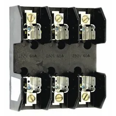 Fuse block for HVACR equipment, designed to hold and connect fuses in power source and cable circuits. Provides overcurrent protection and facilitates fuse replacement in commercial heating, ventilation, air conditioning, and refrigeration systems.