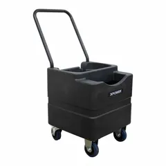 Black polyethylene water reservoir with 11.8 gal capacity. Measures 16 7/8 in x 16 7/8 in x 20 3/8 in. Includes wheel for mobility. Designed for use with XPOWER misting fans to supply water for cooling in outdoor or industrial environments.