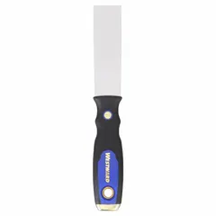 Standard spreading tool with a full tapered carbon steel blade. Handle constructed from plastic, rubber, and steel. Used for applying and smoothing putty, filler, or spackle on surfaces in drywall finishing, glazing, and general maintenance tasks.