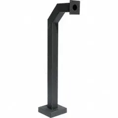 Black powder-coated carbon steel pedestal for gate operators, 42 in overall height with a 12 in x 8 in base. Includes carriage bolt hardware and entry/exit buttons. Used to mount gate operator controls at vehicle height in parking lots, gated communities, and commercial access points.