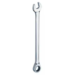 This 25 mm metric spline ratcheting combination wrench is constructed from alloy steel with a chrome finish. The standard-length design measures 14 1/8 inches overall. The spline box end grips multiple fastener types while the ratcheting mechanism enables faster tightening and loosening without repositioning. Suitable for general fastening tasks in mechanical and industrial settings.