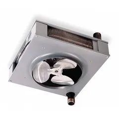Suspended vertical hydronic unit heater for water heating. Delivers 68,300 BtuH output at 200°F water with 1.490 cfm air flow. Features 1-1/2 in threaded male NPT connection. Overall dimensions: 12-1/8 in H x 25-1/4 in W x 25-1/4 in D. No fan guard. Suitable for wall or ceiling mounting in commercial and industrial spaces.