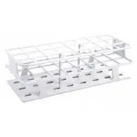 Benchtop test tube rack made of white POM, holding (24) wells. Overall dimensions: 4 3/8 in length, 3 1/2 in width, 11 in height. Used for organizing and storing test tubes in laboratory settings