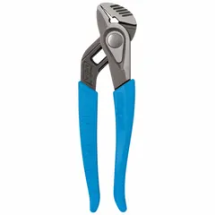 Flat-jaw tongue and groove pliers with push-button adjustment. Offers 9 jaw positions and a maximum jaw opening of 1 1/4 inches. Used for gripping and turning nuts, bolts, pipes, and fittings in plumbing, HVAC, and general maintenance.