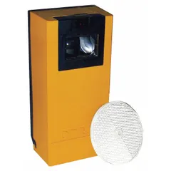 This retro-reflective photo eye operates on 24V to 240V AC/DC and is designed for use with gate operators. It detects objects or vehicles in the gate's path and provides a safety stop signal to prevent closure when an obstruction is present.