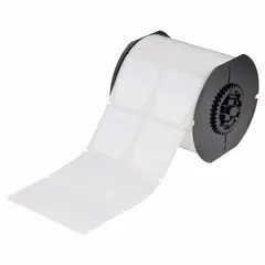V-shaped flag labels measuring 1 29/32 in x 2 in, made of white gloss polyester. Each roll contains 1,500 labels. Compatible with BBP33 printer series and requires B30-R6000 ribbon. Used for cable marking, asset labeling, and equipment identification in industrial settings.