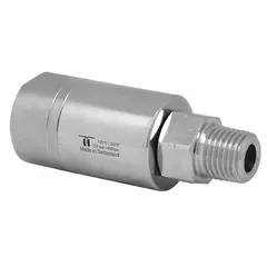 Single-passage rotating joint for transferring air from a stationary supply line into rotating machinery. Constructed of nickel-plated C38500 brass with a 1/4 in stationary port. Maximum operating speed of 30 RPM. Suitable for low-speed rotary applications such as indexing tables, reels, or air-actuated clutches.