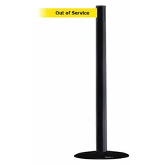 This retractable belt post barrier features a black plastic post on a cast iron base. The yellow belt displays an 'Out of Service' message and extends to 7 1/2 ft. Used for crowd control and area delineation in commercial and industrial settings.