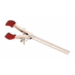 This lab clamp is constructed from zinc with a nickel-plated finish. It features 2 prongs, a 3/8 inch arm diameter, and an overall length of 8 1/2 inches. Used to hold apparatus such as wire supports or crucibles on a ring stand in laboratory setups.
