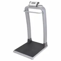 Column-mounted handrail scale with a 22 1/2 in wide by 20 1/2 in deep weighing surface. Provides weight readings in kilograms or pounds. Suitable for weighing individuals who require support during measurement, such as in medical or assisted-living settings