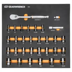 This 31-piece socket set includes SAE and metric standard sockets with a lobular fluted design and Bolt Biter feature for gripping worn or rounded fasteners. Sizes range from 1/4" to 3/4" and 7mm to 19mm. The set uses a friction drive and includes drive tools. Suitable for tightening and loosening fasteners in automotive, industrial, and mechanical applications.