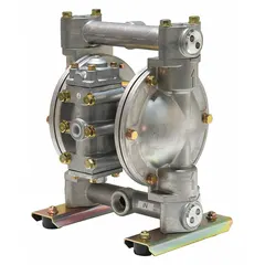 This air-operated double diaphragm pump features an aluminum housing for lightweight corrosion resistance. It delivers 27 gpm with a maximum head of 231 ft, using PTFE valves and a 316 stainless steel seat. The NPT connection allows for standard pipe fitting in fluid transfer applications.