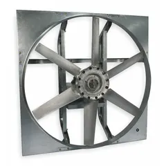Unassembled belt-drive panel exhaust fan with a 42-inch cast aluminum blade, designed for air flows from 18,024 cfm to 30,825 cfm depending on the motor. Features a zinc-plated steel frame and cast construction. Supplied without intake guards or drive package for field installation. Suitable for general industrial ventilation applications such as factories and warehouses.