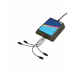 This tabletop charging station features two 9-inch Lightning cables and two 9-inch USB-C cables for simultaneous device charging. With an overall height of 1 3/4 inches, it is designed for use with standard outlets in settings such as offices, reception areas, or retail counters.