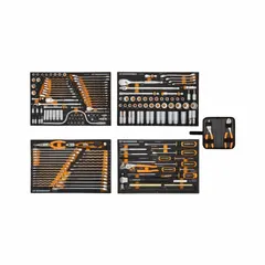 This 184-piece tool-only set includes mechanics hand tools in Metric and SAE sizes, organized in foam trays for secure storage. It contains a Phillips and Slotted screwdriver set. Suitable for mechanical repairs, assembly, and maintenance tasks.