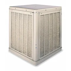 This ESSICK AIR evaporative cooler is a multiple-inlet residential ducted unit operating on 115V AC. It measures 34 1/2 in x 34 1/8 in x 34 1/8 in with a 2 in pad thickness. The drive package is included and requires assembly. Suitable for cooling spaces such as homes and workshops where ducted airflow is used.