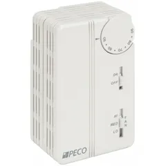 Analog fan coil unit thermostat for heat and cool applications. Features 1H/1C staging, slide switch control, and fan settings of Hi-Med-Low-Auto. Operates on 24 to 277V AC with a temperature control range of 50° to 90°F. Includes Smart Energy Management and SPDT switch action (Open/Close on Rise). Suitable for 1-pipe systems.