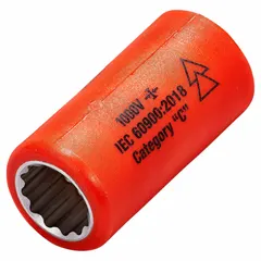This ITL insulated hand socket features a 3/8" drive and 1/2" SAE socket size with a 12-point configuration. The chrome finish provides corrosion resistance. With a 2" overall length, it is suited for industrial applications requiring insulated tools for work near live electrical circuits.