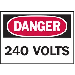 Polyester adhesive labels warning of 240-volt electrical hazards. Each sign measures 3 1/2 in x 5 in with a thickness of 0.01 in. Supplied in a 5-pack for application on equipment, panels, or walls in industrial settings. Not retroreflective, non-glowing, and without anti-slip surface.