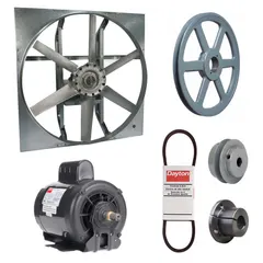 Unassembled belt-drive panel exhaust fan with drive package. Features a 30-inch blade, 3/4 hp motor, and 10,798 cfm airflow at 115/230V AC single-phase. Zinc-plated steel frame with cast construction. Open dripproof motor with Class B insulation. Single-speed unit supplied without intake guards. Suitable for general ventilation in industrial and commercial facilities to remove heat, fumes, and stale air.