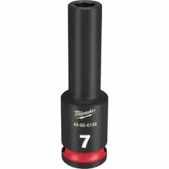 Metric 7 mm 6-point deep impact socket with 3/8" drive and friction retention. Black phosphate finish. For use with impact tools on hex fasteners in automotive, construction, and industrial maintenance applications.
