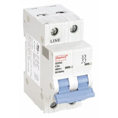 Dayton Supplementary Protector: 2 A Amps, 7.5kA at 480V AC, Screw Clamp, NDB2-63 - C-Curve, 2-Pole UL1077 DIN Rail-Mount Supplementary Protectors