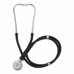 This acoustic dual-head stethoscope is designed for auscultation of heart, lung, and bowel sounds in adult and pediatric patients. It includes three interchangeable bells to accommodate different patient sizes. The black finish and dual-head design support general medical examinations.