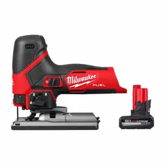 This cordless jigsaw kit includes a barrel-grip tool with a brushless motor, T-shank blade compatibility, and orbital stroke action. It operates on 12 V DC power. Suitable for cutting curves and shapes in wood, metal, and plastic in construction, remodeling, and fabrication applications.