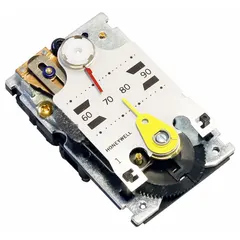 Direct-acting pneumatic thermostat for single-temperature control of heating or cooling systems. Temperature range 59° to 90°F. Two-pipe high-volume air flow output. Vertical mounting with cover included. Suitable for commercial HVAC wall installation.