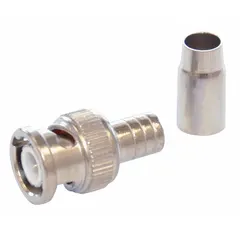 Male BNC coaxial connector with silver finish, designed for crimp-on (2 piece) termination. Suitable for use in video, RF, and data transmission systems requiring secure coaxial cable connections. Sold in a pack of 10.