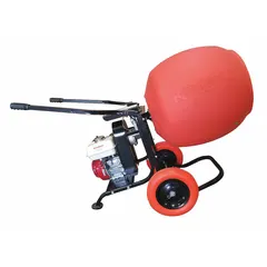 Gas-powered concrete mixer with 6 cu ft polyethylene drum and steel tubing frame. Powered by a 4-cycle engine, suitable for mixing mortar and concrete on construction sites.