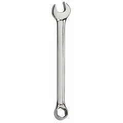 This combination wrench features a 7 mm 6-point box end and open end, with an offset design for improved access in confined spaces. The chrome finish resists corrosion. Overall length is 5 1/4 in. Suitable for tightening or loosening metric fasteners in automotive, machinery, and general assembly tasks.