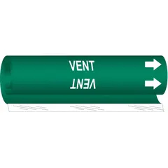Wrap-around pipe marker for identifying vent lines in industrial piping systems. Green background with white 'Vent' legend and directional arrows. Fits pipe outer diameters from 1-1/2 to 2-3/8 inches. Supplied as a single marker.