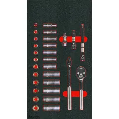 This 29-piece socket set features a 3/8 in drive with 12-point design, covering SAE and metric sizes from 8 to 19 mm. Includes standard sockets, socket bits, and drive tools for tightening and loosening fasteners in automotive repair, industrial maintenance, and general mechanical work.