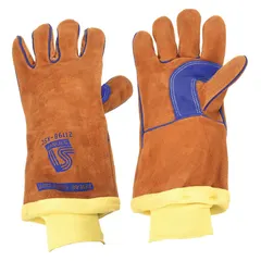 These stick welding gloves feature a premium cowhide leather palm and brown/blue cowhide backing. The wing thumb design and knit cuff provide dexterity and secure fit for arc welding tasks in fabrication and maintenance settings.