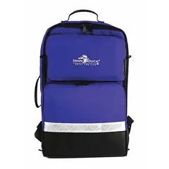 Blue nylon medical backpack with zipper closure and high-density plastic reinforced corners. Designed for carrying emergency medical supplies and equipment in industrial, field, or facility settings.