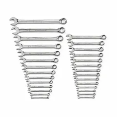 This 28-piece metric combination wrench set features 6-point openings and a 15° offset angle for improved access to fasteners in confined spaces. The wrenches are made of alloy steel with a chrome finish. Typical applications include tightening and loosening metric hex bolts and nuts in automotive repair, industrial maintenance, and mechanical assembly.