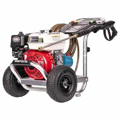 Gas-powered cold water pressure washer mounted on a cart for mobility. Delivers 3400 psi at 2.5 gpm, powered by a Honda engine. Suitable for medium-duty cleaning of equipment, vehicles, buildings, and outdoor surfaces.
