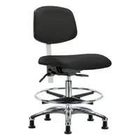 This armless vinyl cleanroom task chair is rated ISO 5 for controlled environments. It features an aluminum base, foot support, and a back tilt of 10.5° forward and 13.5° backward. Seat dimensions are 18 1/2" wide by 17" deep, with a height range of 21 1/2" to 29". Not ESD safe