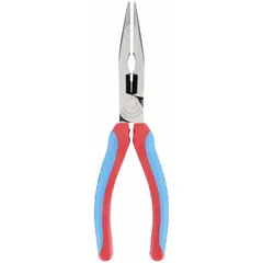 Serrated needle-nose pliers with a 1 3/8 in max jaw opening and integrated cutter. Suitable for precision gripping and cutting in confined spaces, such as electrical, mechanical, and assembly tasks.