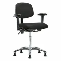 This ergonomic vinyl lab chair includes arms and features an aluminum base. Seat height adjusts from 21 1/2 in to 29 in, with seat width 18 1/2 in and depth 17 in. Back tilt ranges 10.5° forward to 13.5° backward; seat tilt ranges 8° forward to 3° backward. Suitable for general laboratory or industrial seated work where adjustable ergonomics are needed. Not ESD safe