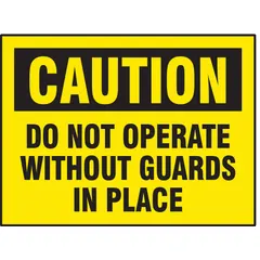 This 8-pack of adhesive-mounted caution signs warns personnel not to operate machinery without guards in place. The signs are not retroreflective and do not glow in the dark, suitable for indoor industrial safety marking on equipment or panels.