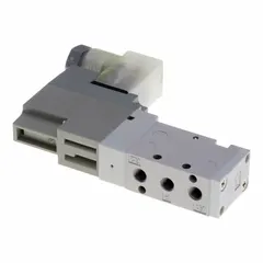 This SMC SYJ5000 series directional control valve is a five-port, two-position, single solenoid valve with 24V DC operation. It features an aluminum body and a DIN solenoid connector. Typical applications include directing compressed air to actuators or cylinders in pneumatic systems for industrial automation, packaging, and material handling.
