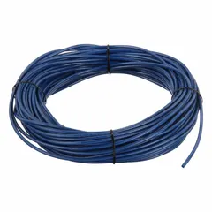 Metric polyurethane tubing with 2.5 mm inner diameter and 4 mm outer diameter, 100 ft length, blue color. Hardness Shore A 90 to 95, maximum operating pressure 190 psi at 180°F. Suitable for pneumatic and fluid transfer applications in industrial automation and robotics.