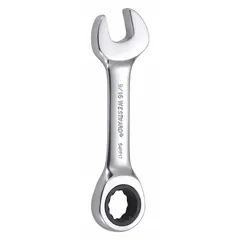 This SAE 12-point ratcheting combination wrench features a 9/16-inch head size and a 4 3/8-inch overall length. Made of alloy steel with a chrome finish, it is a standard (non-reversible) model. Suitable for tightening and loosening fasteners in confined spaces where standard wrenches cannot reach.