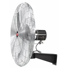 This Dayton wall-mount fan features a 20-inch blade diameter and a 1/5 hp motor operating on 115V AC. It offers three speeds and is non-oscillating, with a bracket mounting type for fixed-position airflow. Suitable for ventilation and cooling in workshops, warehouses, and factories where directed airflow is needed.